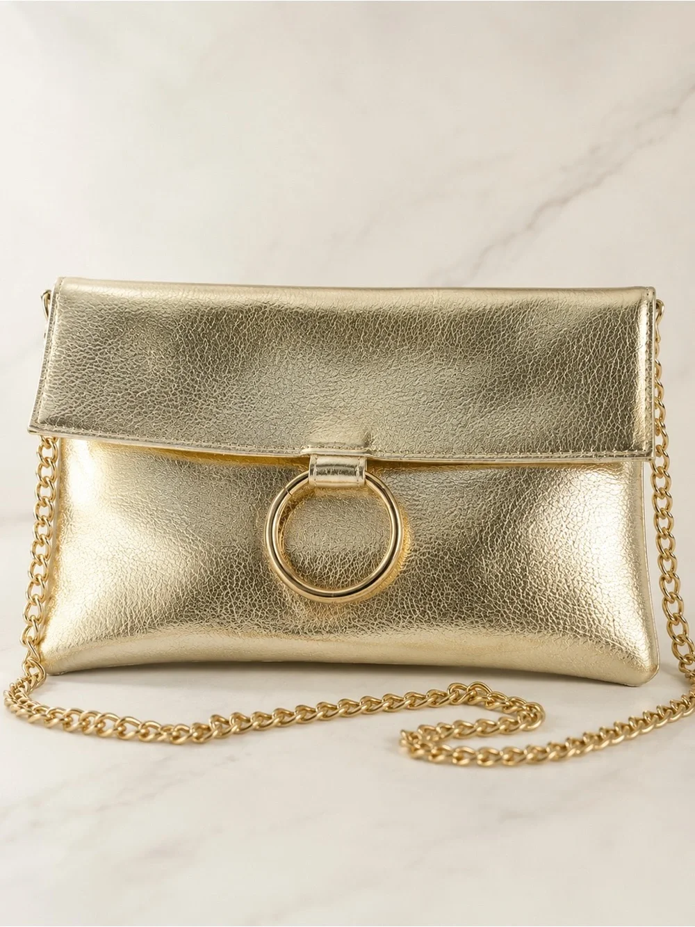 Metallic Gold Ring-Accent Foldover Clutch